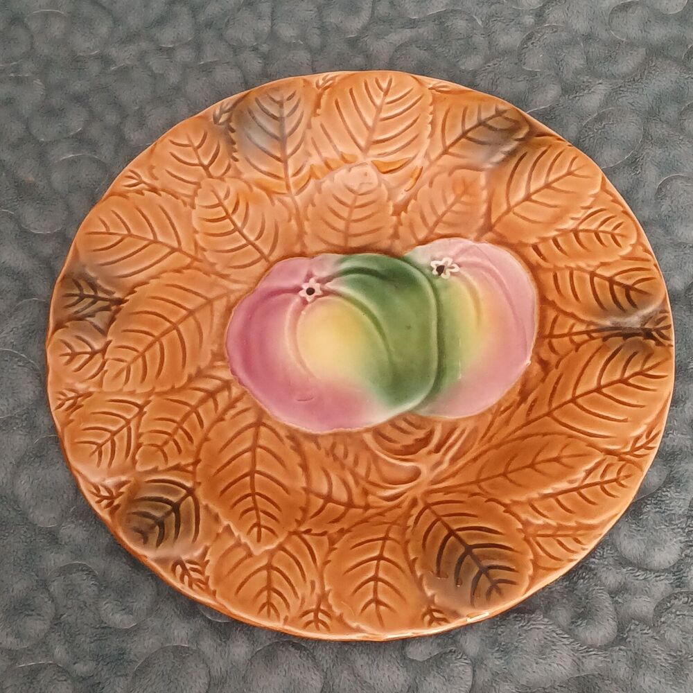Vintage Salins-les-Bains Majolica Plate • 7.5” French Fruit & Leaf